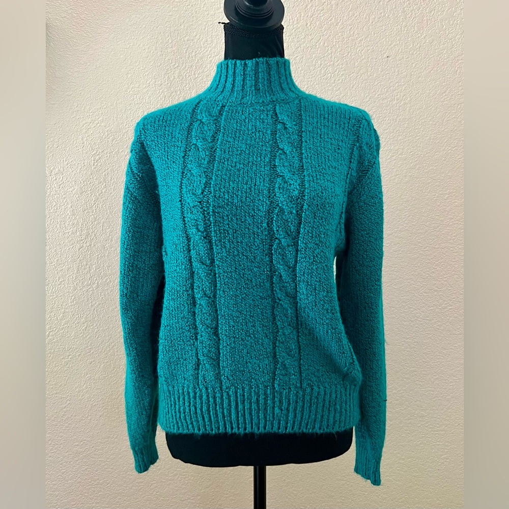 Vintage 80s TJW for Mervyn’s Women’s Turquoise Mock Neck Cable Knit Sweater SM - Picture 1 of 11